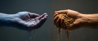 Two hands reaching toward each other, one holding water droplets and another holding brown soil or sand, symbolizing environmental balance and sustainability.