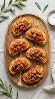 Toasted bread slices topped with diced tomatoes and fresh herbs on wooden serving board, styled with olive branches and sea salt for culinary and food styling use.