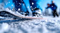 Extreme close-up of ski edge gliding through fresh powder snow creating dynamic spray effect against blue winter background, dramatic sports action moment captured.