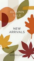 Modern autumn sale promotional poster with abstract geometric shapes and fall leaves in warm earth tones for seasonal marketing campaigns.