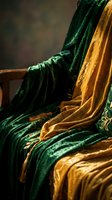 Luxurious emerald green and golden yellow velvet fabrics draped elegantly over wooden chair creating rich textural contrast for interior design projects.