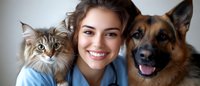 Young Caucasian woman veterinarian smiling with German Shepherd dog and tabby cat in clinic. Professional pet care and animal health concept.