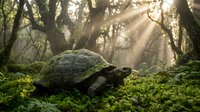 Giant tortoise walking through misty forest with dramatic sunbeams filtering through ancient trees, creating magical woodland atmosphere for nature photography.