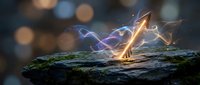Glowing energy arrow emerging from ancient moss-covered stone surface with magical light effects and bokeh background for fantasy design projects.