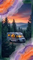 Motorhome parked in forest landscape at sunset with illuminated windows, surrounded by watercolor paint strokes in purple, orange and teal tones. For travel, camping and adventure concepts.