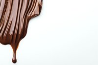 Melted dark chocolate dripping and flowing with smooth glossy texture against white background, creating appetizing dessert design element.