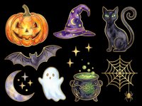 Halloween spooky collection with jack-o-lantern pumpkin, witch hat, black cat, bat, ghost, cauldron, spider web, crescent moon and stars. Isolated on transparent background, ready for t-shirts, stickers, clipart and print-on-demand designs.