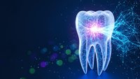 Digital tooth with glowing neural network connections on dark blue background. Medical dentistry concept with futuristic technology elements and light effects.