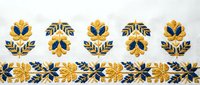 Traditional folk art embroidery pattern with golden yellow and navy blue floral motifs on white fabric background for textile design projects.