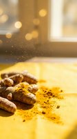 Fresh turmeric roots with golden powder spilling in warm sunlight creating magical dust particles and bokeh effects for cooking and wellness content.