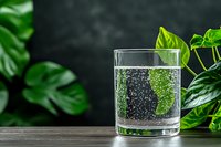 Glass of sparkling mineral water with bubbles on wooden table against dark background with green tropical leaves, refreshing summer drink.