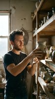 Male potter examining handmade ceramic vase in rustic pottery studio workshop with wooden shelves filled with clay vessels and natural lighting.