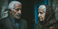 Senior Middle Eastern couple in traditional clothing having intimate conversation outdoors. Elderly man and woman sharing emotional moment together.