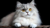 White Persian cat with bright amber eyes and long fluffy fur lying on woven surface against dark background, looking upward with attentive expression.