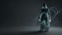 Ghostly figure in flowing translucent robes with swirling ethereal energy patterns surrounding it against dark background. Suitable for horror, supernatural, and fantasy design projects.