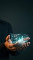 Businessman holding holographic rocket with financial analytics dashboard displaying growth charts and data metrics for business success and innovation concepts.