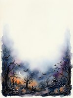 Watercolor Halloween frame with spooky trees, jack-o-lanterns, haunted house and bats on textured paper background for seasonal greeting cards and invitations.