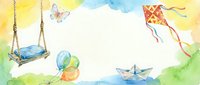 Watercolor frame with swing, kite, paper boat, balloons and butterfly on white background for children design projects and creative layouts.