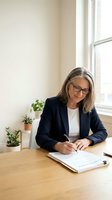 Mature woman with gray hair and glasses wearing navy blazer writing on document at wooden desk by window in bright office space.