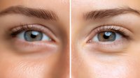 Close-up comparison of eyes showing differences in eyelashes and eyebrows, highlighting natural beauty and cosmetic enhancement effects in beauty industry.