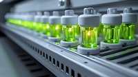 Glowing green liquid samples in laboratory vials arranged in automated analysis system. Scientific research equipment for medical or chemical testing process.