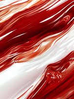 Abstract flowing red and white waves create dynamic marble-like pattern with smooth liquid texture and glossy swirling movement for luxury design backgrounds.