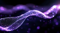 Glowing purple wave of particles flowing on dark background with bokeh effect and sparkling dots creates magical atmosphere. Suitable for technology presentations.