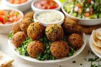 Crispy falafel balls served on fresh parsley with hummus, tomato salad, and pita bread. Middle Eastern vegetarian appetizer platter with dipping sauces.