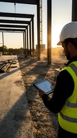 Construction engineer using tablet at building site during golden hour sunset with concrete frame structure and safety equipment for project management.