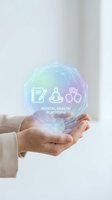 Hands holding holographic mental health platform interface with wellness icons and geometric design for healthcare technology applications.