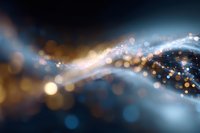 Magical glowing particles flow in abstract wave pattern against dark background with golden and blue bokeh lights creating dreamy atmosphere.