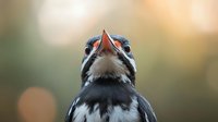 Close-up portrait of woodpecker with open beak looking up against blurred natural background with bokeh effect, dramatic wildlife photography angle.