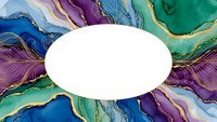 Abstract fluid art background with gold foil accents and white oval frame for text or logo placement in vibrant purple, blue and green marble design.