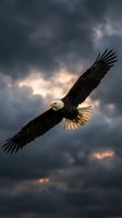Bald eagle soaring through dramatic storm clouds with golden light breaking through, wings spread wide in flight against moody sky for wildlife and nature projects.