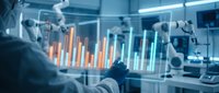 Young male professional in modern office analyzing financial data with holographic bar charts and graphs displayed on glass surface for business analytics.