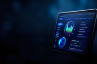 Digital analytics dashboard on tablet screen showing business metrics and data visualization with glowing blue charts against dark background.