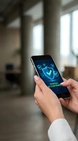 Hands holding smartphone displaying cybersecurity shield with checkmarks and verified ID confirmation message in modern office setting.
