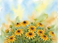 Watercolor painting of bright yellow daisy flowers blooming in summer garden with soft pastel sky background for botanical art and nature decoration.