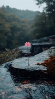 Solitary pink wildflower growing through rocky mountain cliff face against moody forest background, symbolizing resilience and hope in nature.