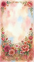 Watercolor floral frame with pink roses, peonies, and decorative hearts on soft pastel background. Ornamental botanical border with gold accents and foliage. Ready for invitations, greeting cards, and design projects.