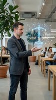 Male professional in business casual attire presenting holographic scales of justice in modern office environment with colleagues and plants, representing legal technology and compliance solutions.