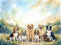Group of diverse dog breeds sitting together in watercolor style outdoor scene with soft pastel colors and natural botanical elements for pet-themed designs.