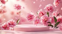 Pink cherry blossom flowers with falling petals around white podium display stand for product presentation on soft pink background.