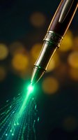 Luxury fountain pen with glowing green light creating digital binary code stream on dark background with golden bokeh effects for technology writing concepts.