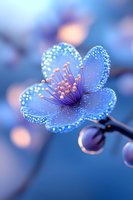Delicate blue cherry blossom with water drops in soft morning light, macro photography showing detailed stamens and dew-covered petals against blurred background.
