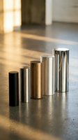 Five cylindrical metal containers in increasing sizes arranged in a row on a concrete floor with warm sunlight casting shadows, suitable for product display and commercial applications.