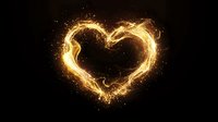 Glowing golden heart shape made of fire sparks and light trails on black background for romantic designs and Valentine's Day projects.