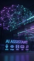 Futuristic AI assistant brain with glowing neural network connections and multimedia interface icons for voice, video, text and music processing technology.