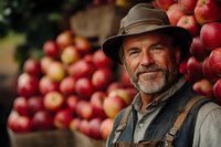 Mature Caucasian farmer with gray beard wearing brown hat and overalls smiles warmly near fresh harvested red apples at local organic farm market stand.