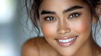 Young woman with radiant smile and glowing natural makeup showing white teeth, dark eyebrows and healthy skin against blurred background.